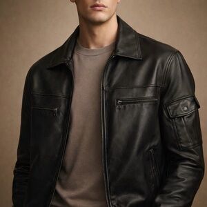 John Ashford Men's Black Leather Jacket Classic Zip Front XL